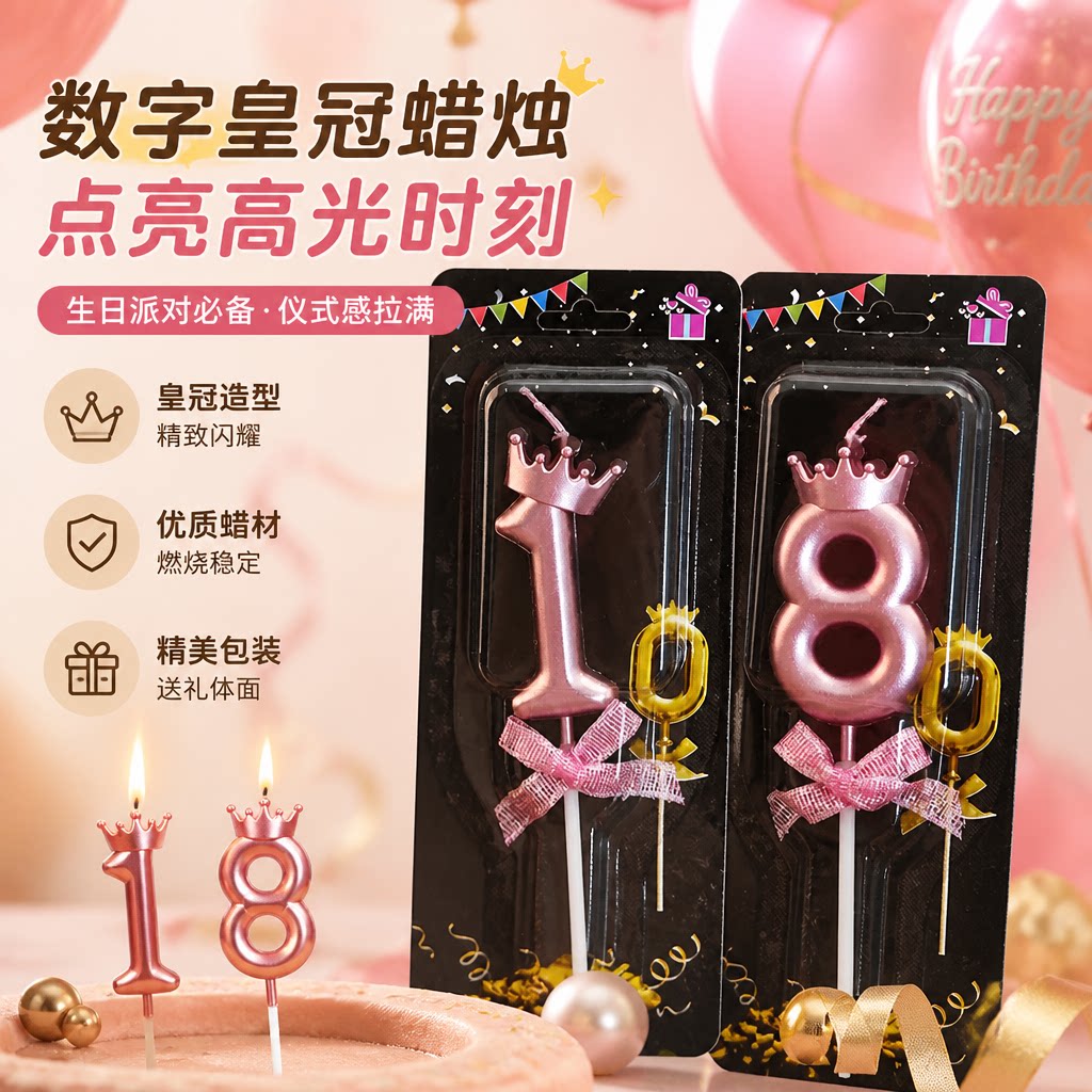 粉色少女心皇冠数字蜡烛生日派对