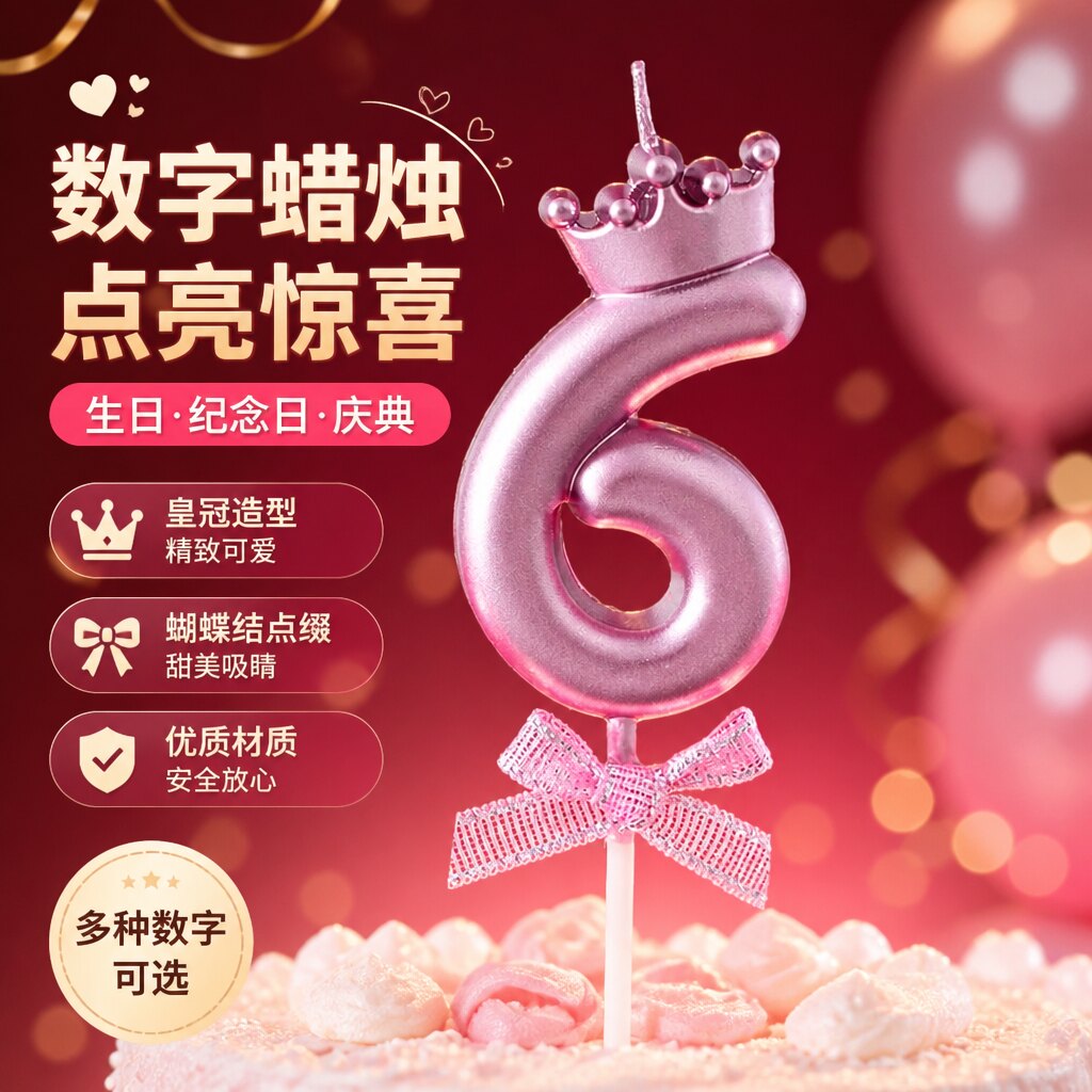 粉色少女心皇冠数字蜡烛生日派对