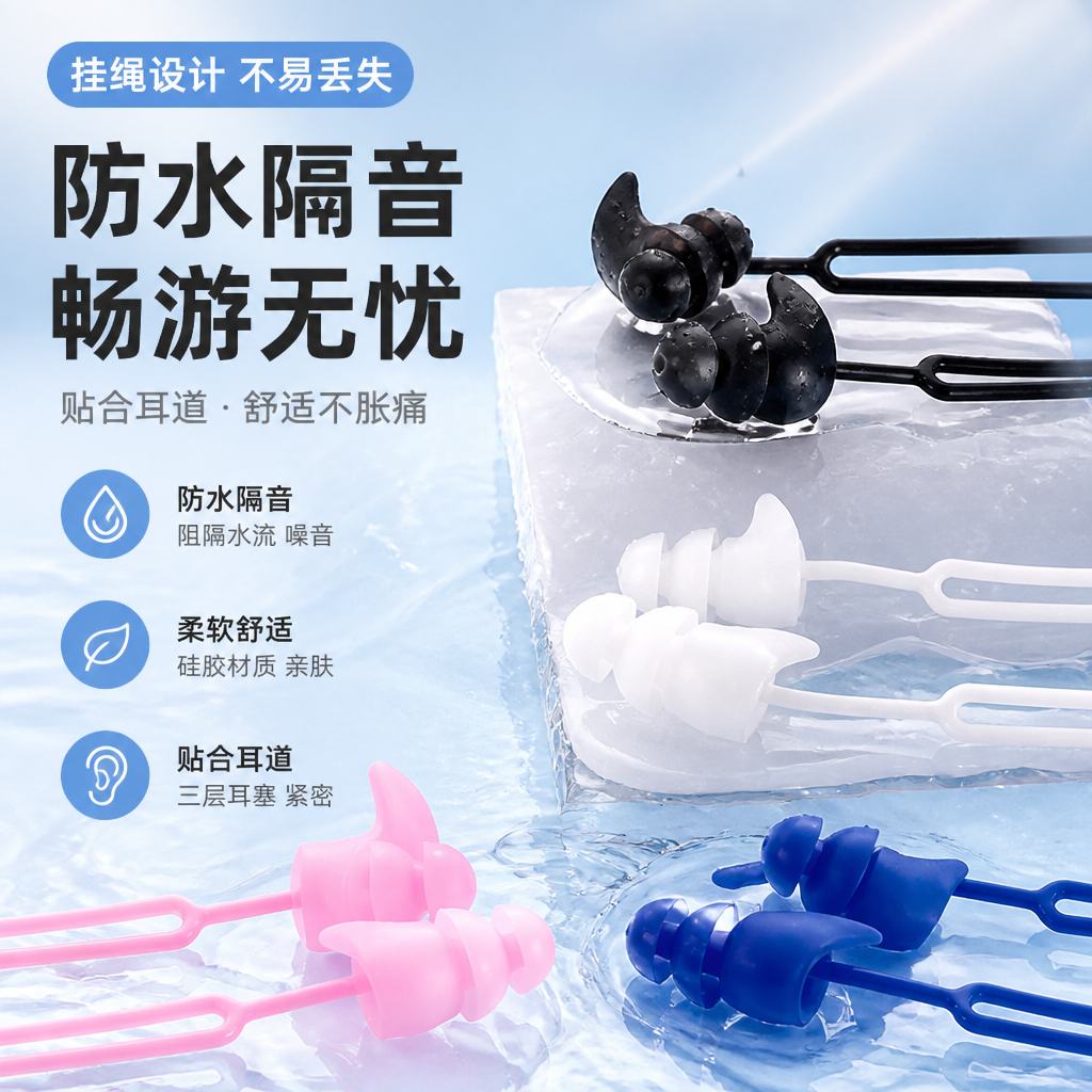 游泳洗澡三层防水硅胶耳塞