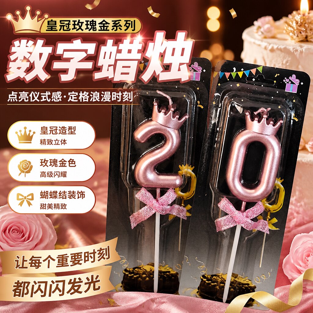 皇冠蝴蝶结香槟金生日数字蜡烛