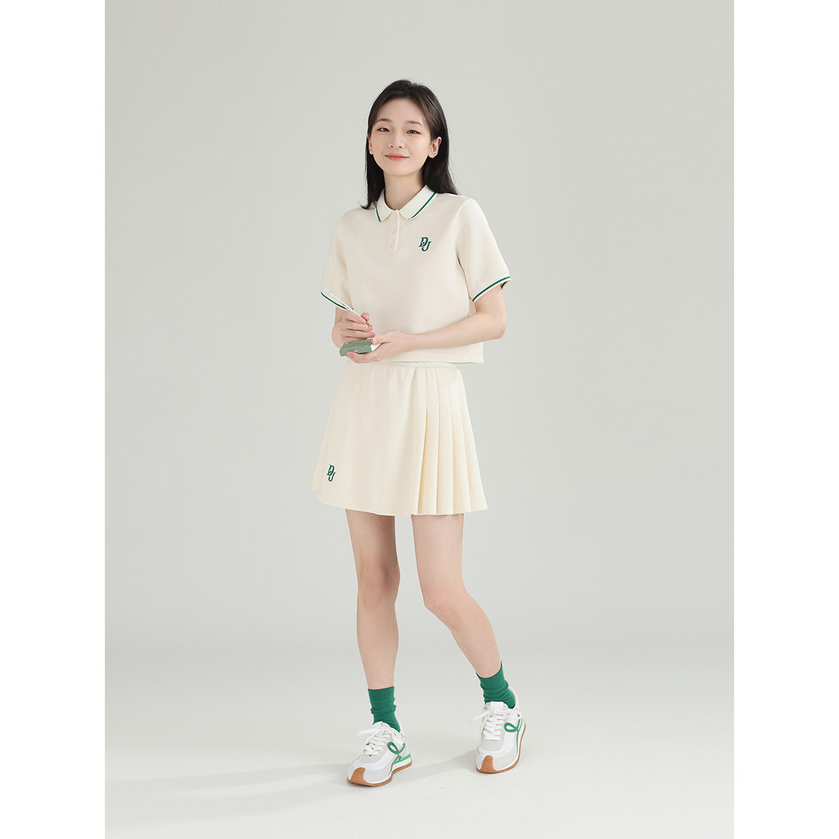 DESSUU 2024 여름 대학 스타일 반팔 폴로 옷깃 짧은 티셔츠 스커트 정장 여성용 투피스 세트