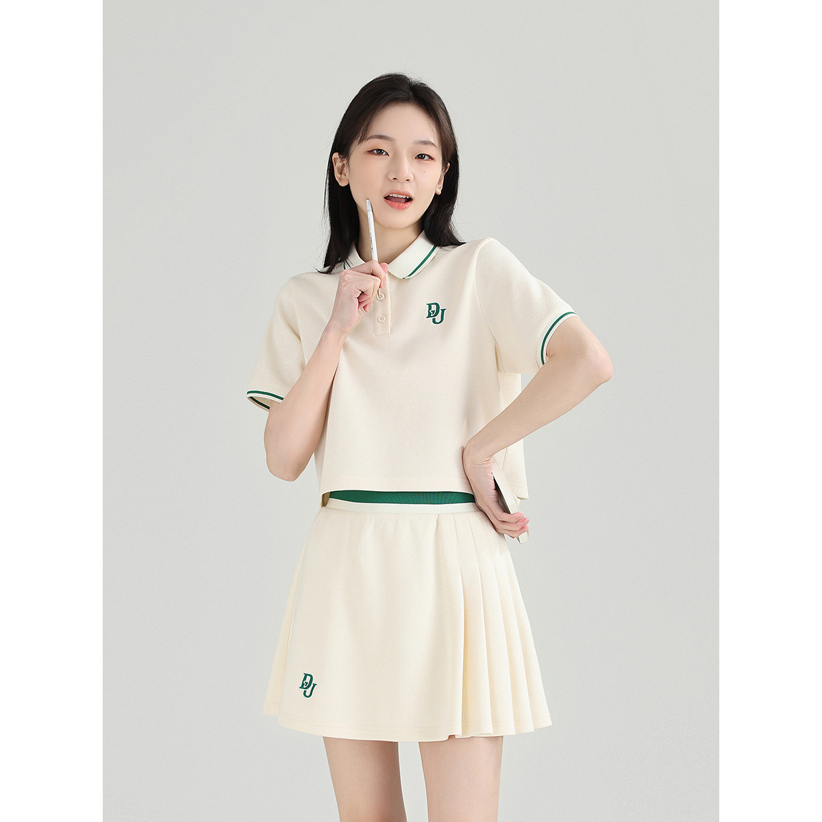 DESSUU 2024 여름 대학 스타일 반팔 폴로 옷깃 짧은 티셔츠 스커트 정장 여성용 투피스 세트
