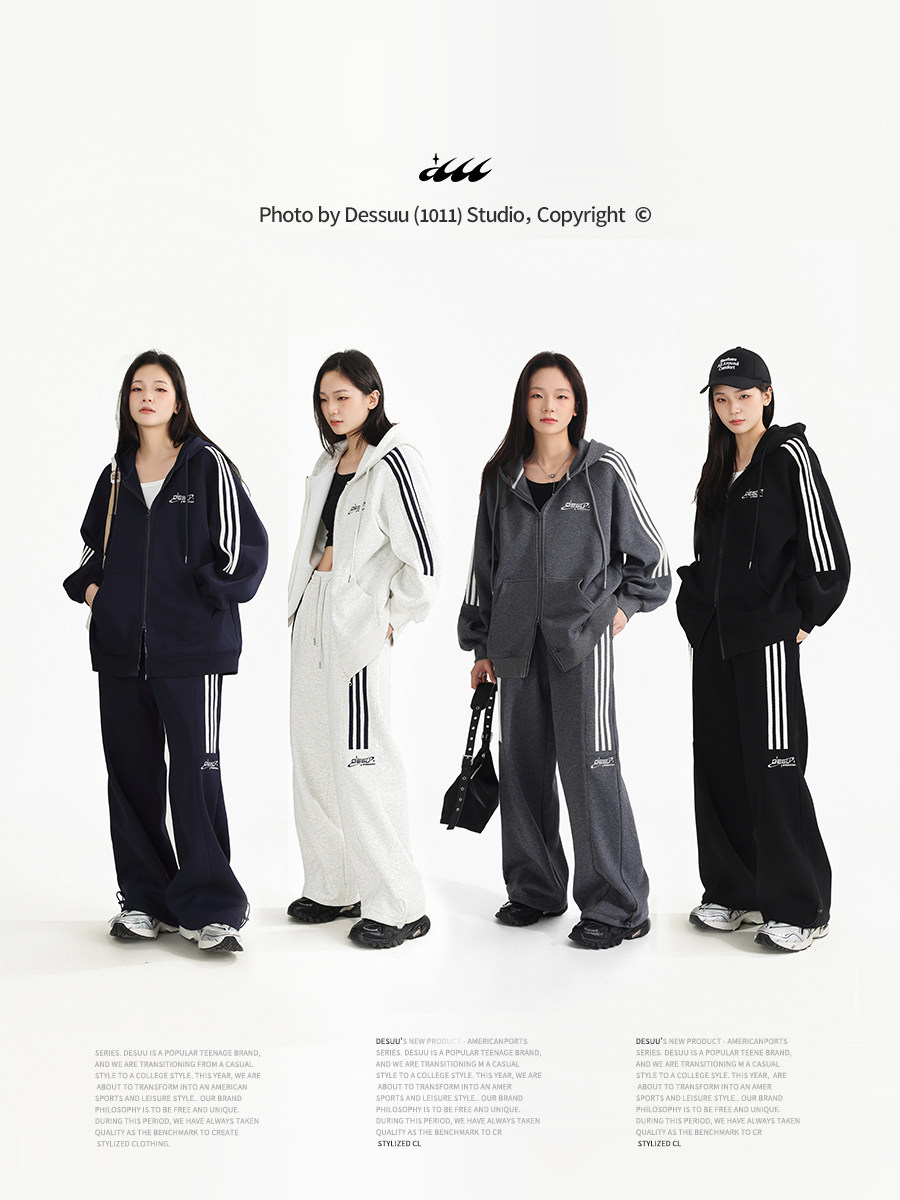 DESSUU 아메리칸 레트로 삼선 스트라이프 카디건 재킷 후드 플러스 벨벳 스웨트 여성 캐주얼 스포츠 정장 유행 가을 겨울