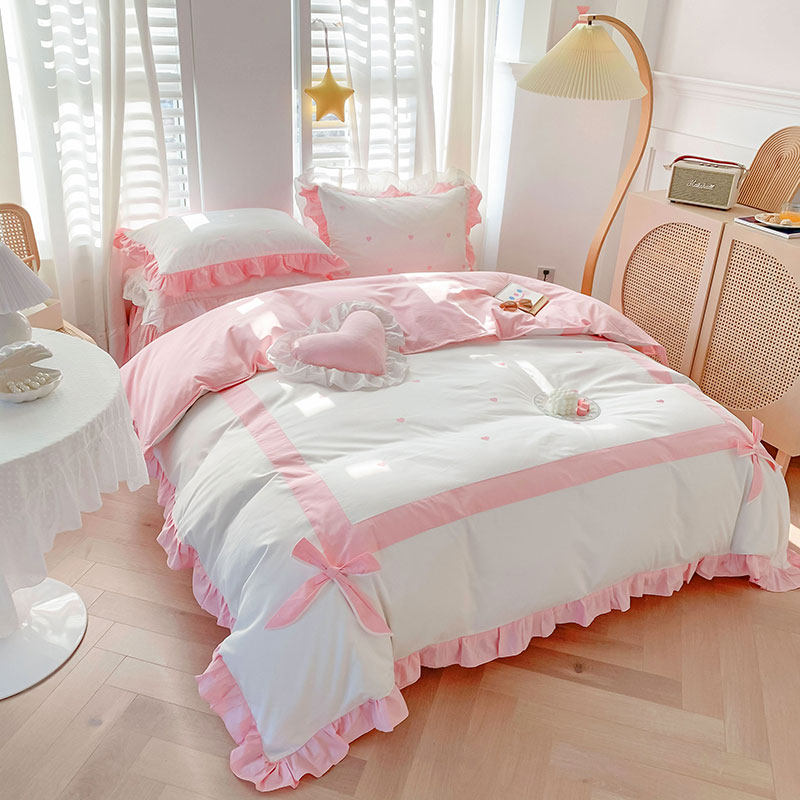 公主风床裙款刺绣蝴蝶结四件套全棉纯棉ab版被套被套双人加大床品