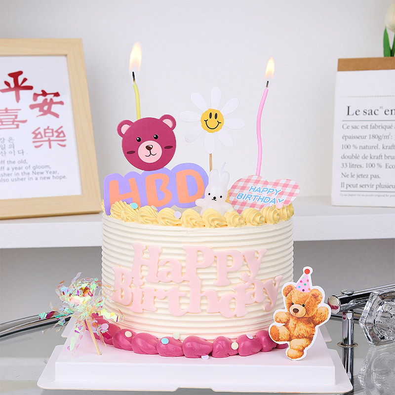 ins韩式蛋糕装饰小熊笑脸插牌兔子蜡烛生日布置烘焙派对装扮插件