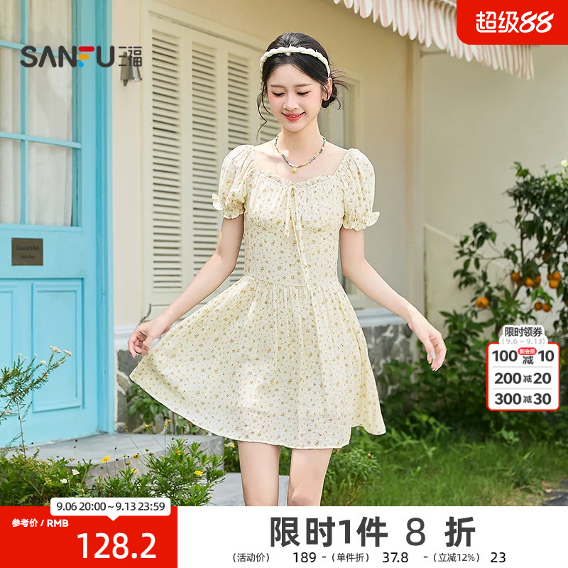 三福连衣裙2026夏季泡泡袖绑带碎花收腰清新裙子女装522021图片