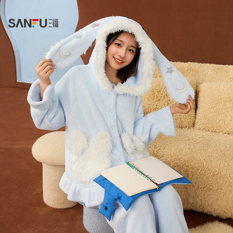 三福女冬季长毛绒立体耳朵连帽睡衣套装 甜美宽松家居服507812