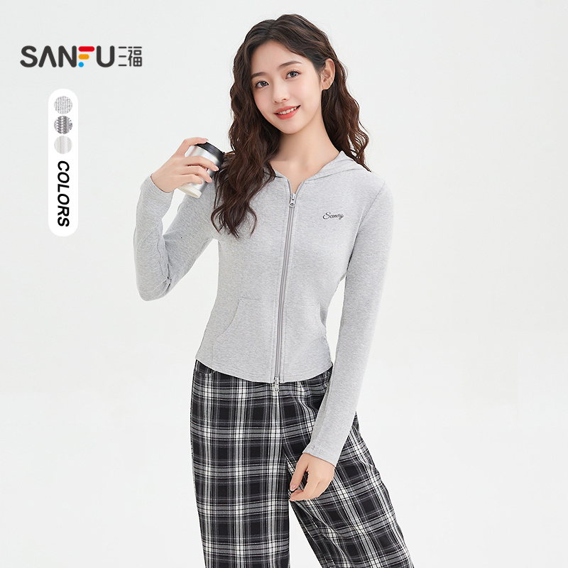 三福长T恤2025秋季英文刺绣连帽长袖上衣外套女装509534