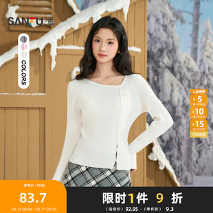 三福打底毛衫2025冬季开叉下摆设计不规则领口上衣女装513836