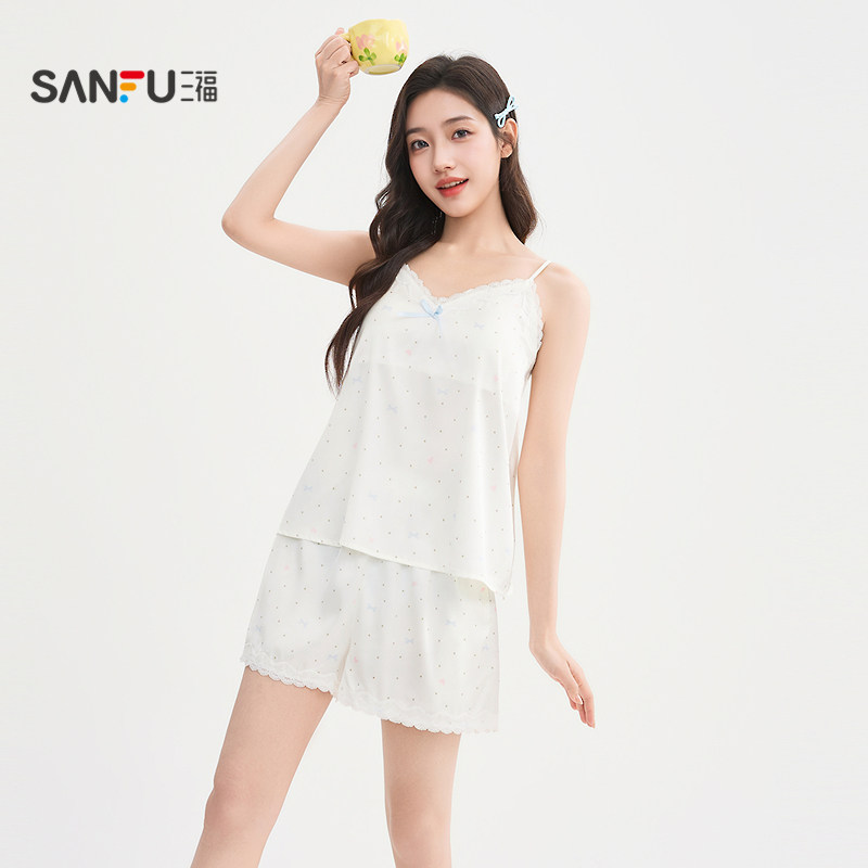 三福女夏季色丁吊带睡衣套装 甜系蕾丝蝴蝶结宽松家居服517978