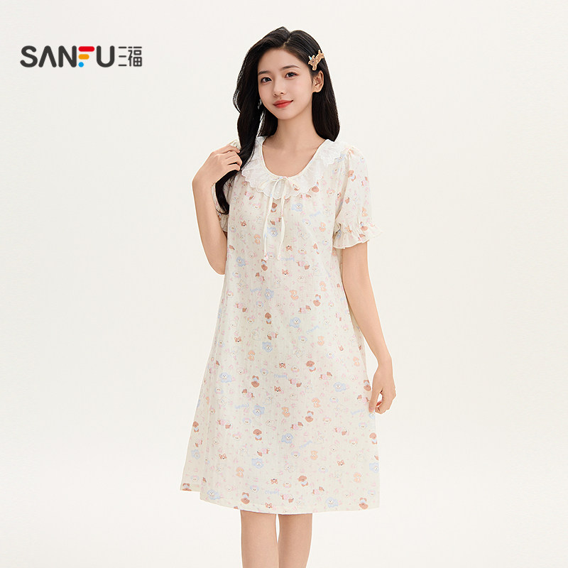 三福睡衣女夏季棉花边圆领睡裙甜美清新印花宽松短袖家居服517826