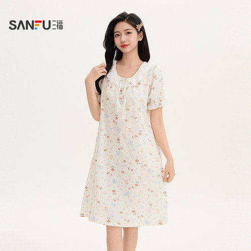 三福睡衣女夏季棉花边圆领睡裙甜美清新印花宽松短袖家居服517826