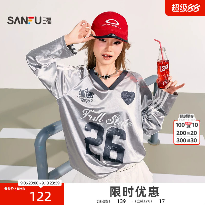 三福长T恤2026秋季爱心绣花插肩袖缎面球衣风上衣女装529453