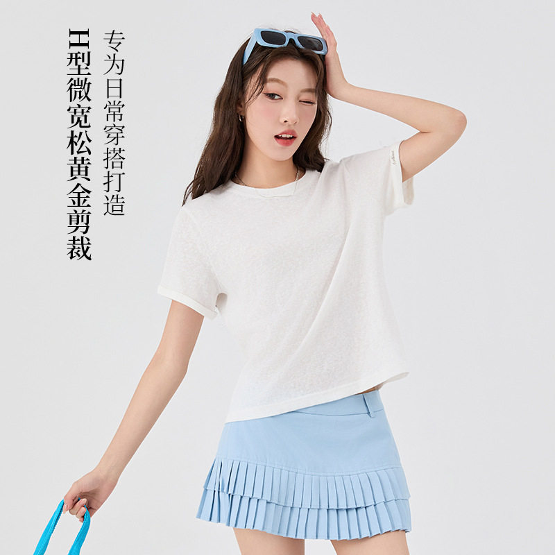 杜百莉圆领雪花棉简约打底上衣撞色夏季宽松休闲慵懒chic短袖韩版