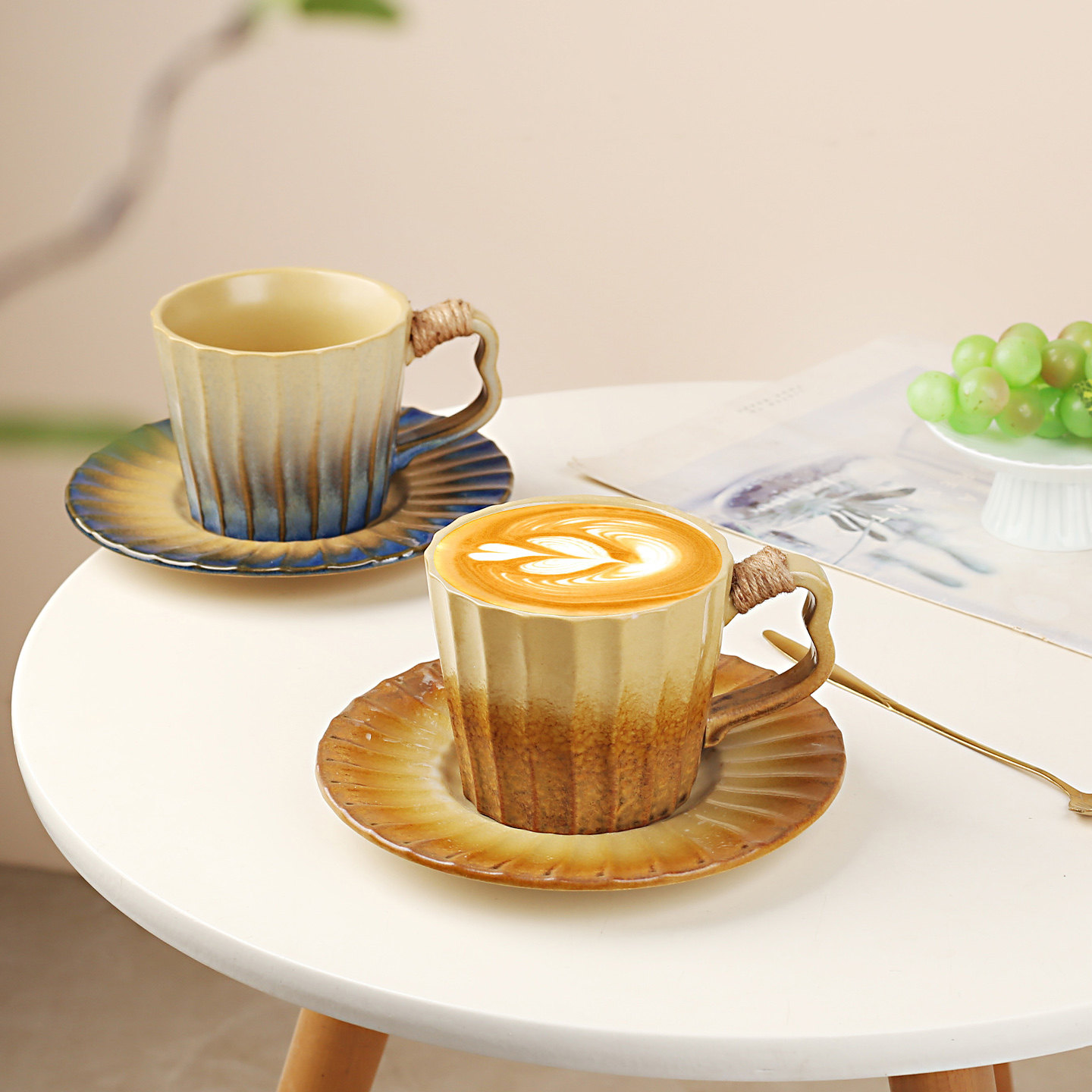 复古窑变陶瓷咖啡杯碟套装手柄设计拉花杯家用