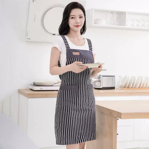 棉布黑白竖条围裙厨房家用防污透气宽松裙服务员美甲奶茶店工作服