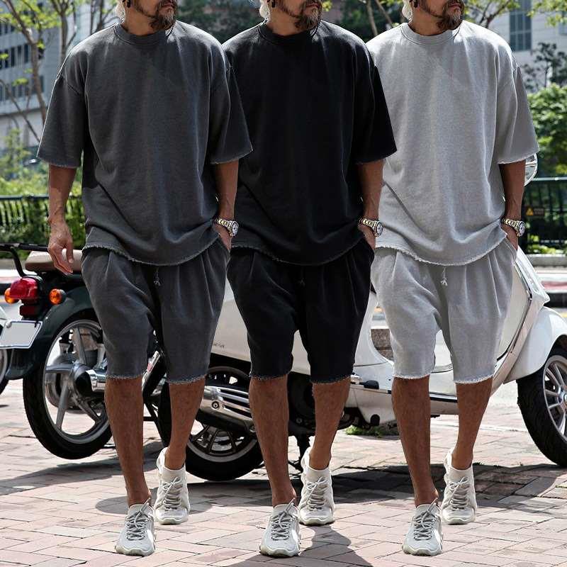 亚马逊热卖男士休闲运动套装 毛圈宽松夏季短袖短裤潮流欧美男装