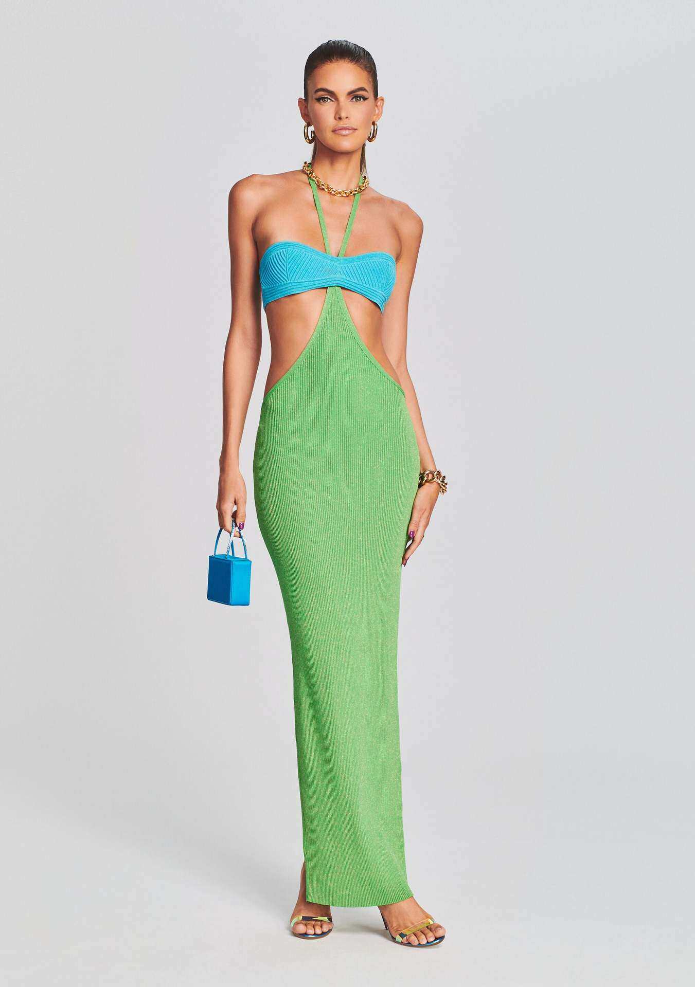 速卖通跨境女装夏季挂脖一字肩比基尼裹胸性感露背针织开叉连衣裙