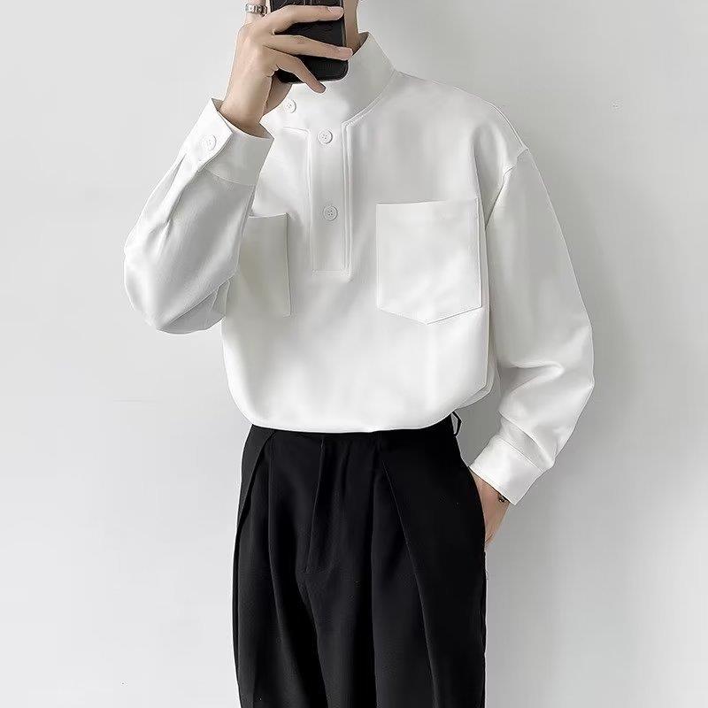 高领工装长袖衬衫男士春秋季潮流白色衬衣男上衣服2023年新款百搭