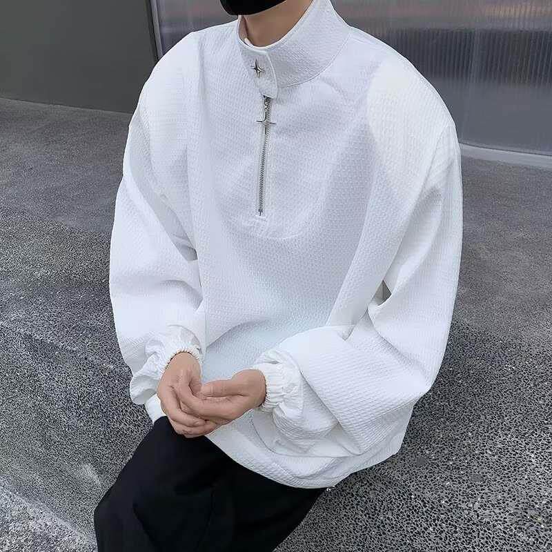 华夫格卫衣男士Z小高领设计感半拉链宽松长袖polo衫垫肩质感t恤秋