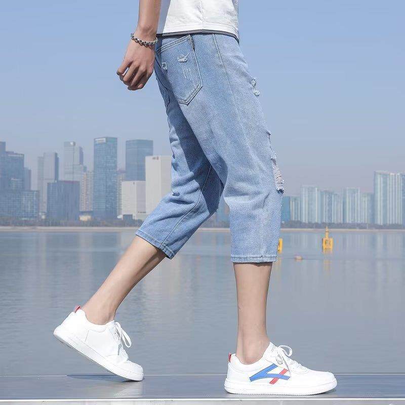 文艺牛仔裤男士短裤男原宿2023新款慵懒潮流破洞七分裤春夏季