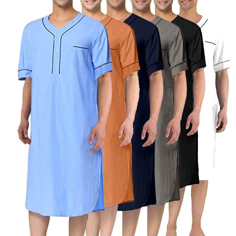 2023夏跨境亚马逊男装短袖薄款穆斯林睡袍纯色家居服宽松男士睡裙