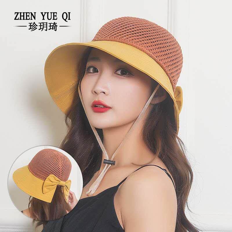新款夏季女士防晒渔夫帽镂空出游遮阳沙滩帽蝴蝶结防风绳太阳帽子
