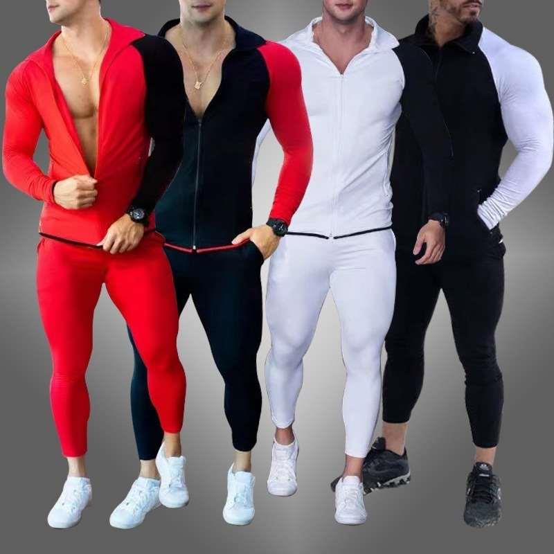 2023新款欧美男装亚马逊男士运动套装秋季连帽拼色紧身卫衣套装男