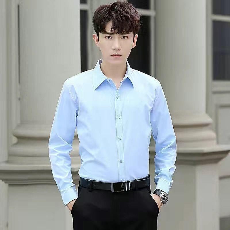 男士春秋季商务正装衬衫长袖修身职业白领黑衬衣大码纯色免烫衬衫