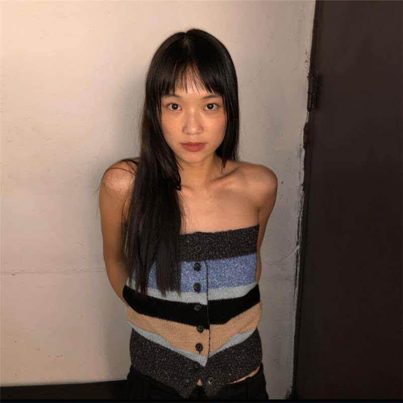 2023年速卖通夏季新款欧美风一字肩撞色条纹针织性感抹胸上衣女