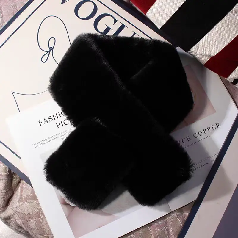 超温柔奶油风围巾毛绒绒围脖仿獭兔毛加厚保暖交叉毛领韩国冬天女