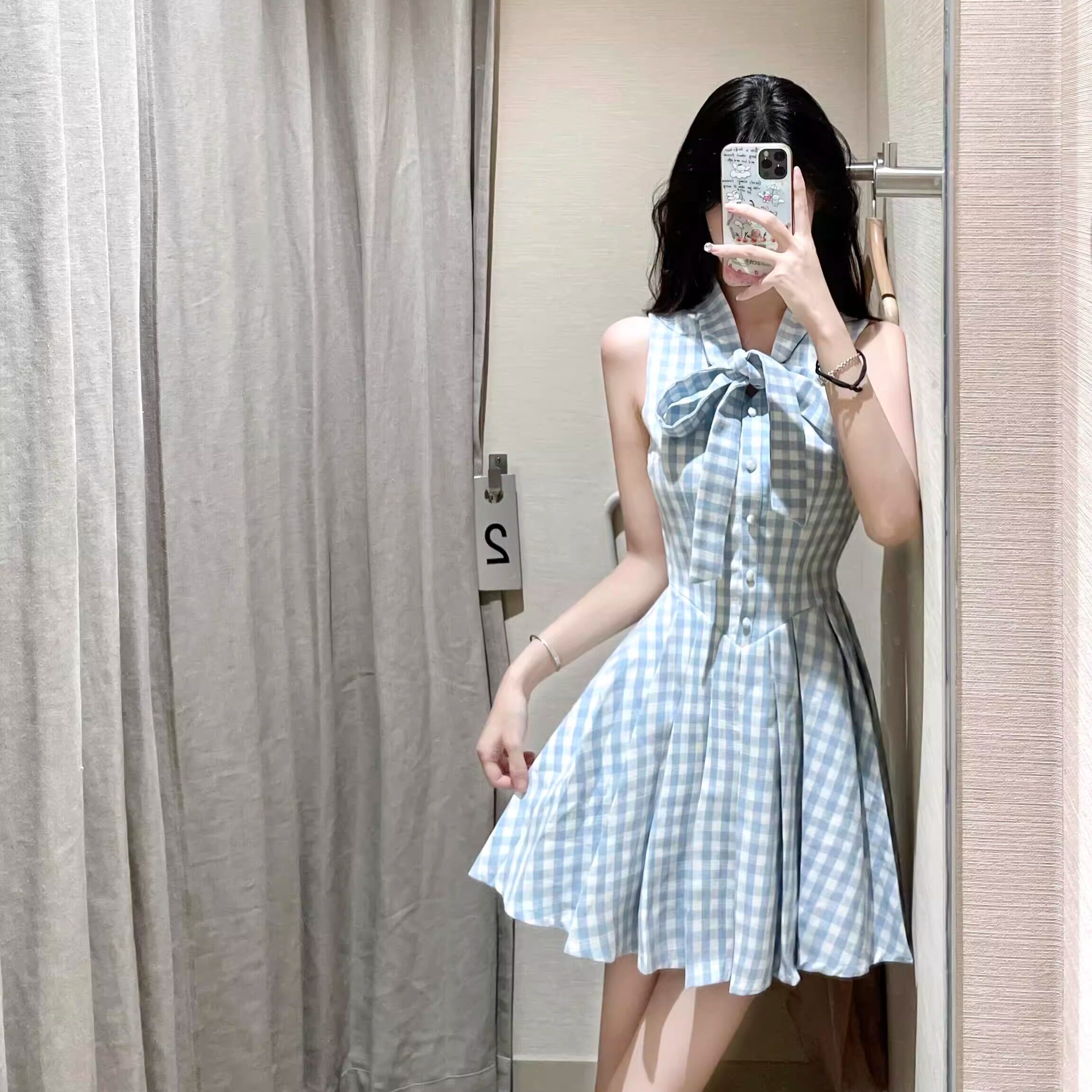 法式甜美蓝色无袖格子连身裙子女夏2025年新款蝴蝶结气质百褶短裙