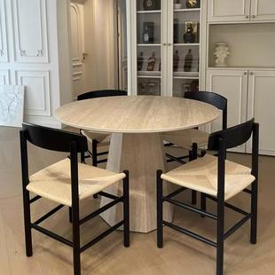 侘寂风圆桌设计师样板间餐厅餐台饭桌法式 大理石圆形洞石岩板餐桌