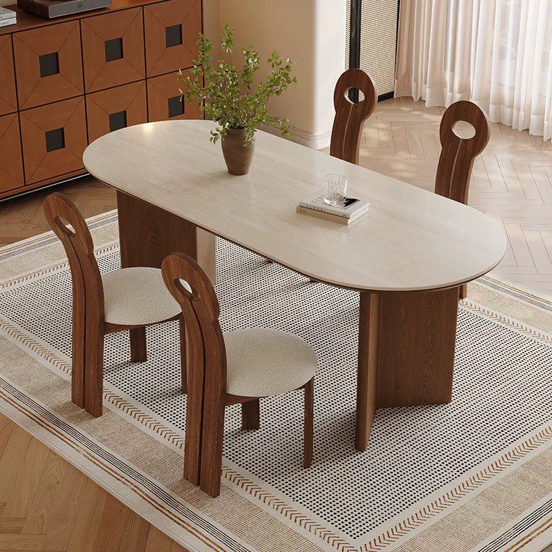 法式复古洞石岩板餐桌椅组合