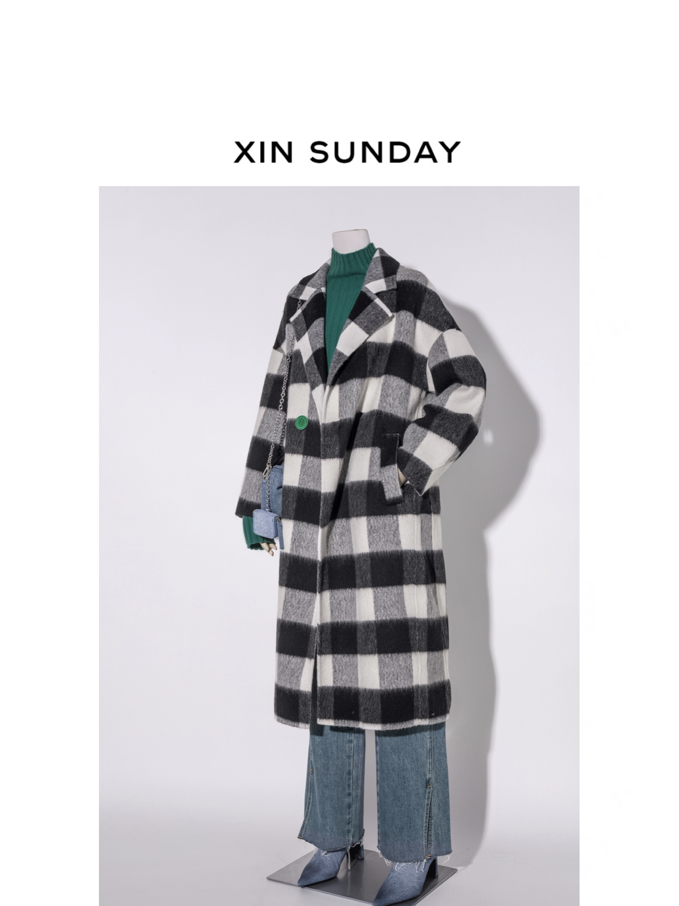 星山袋钻石系列 驼绒羊毛双面呢大衣 黑白格宽松长款羊绒外套保暖