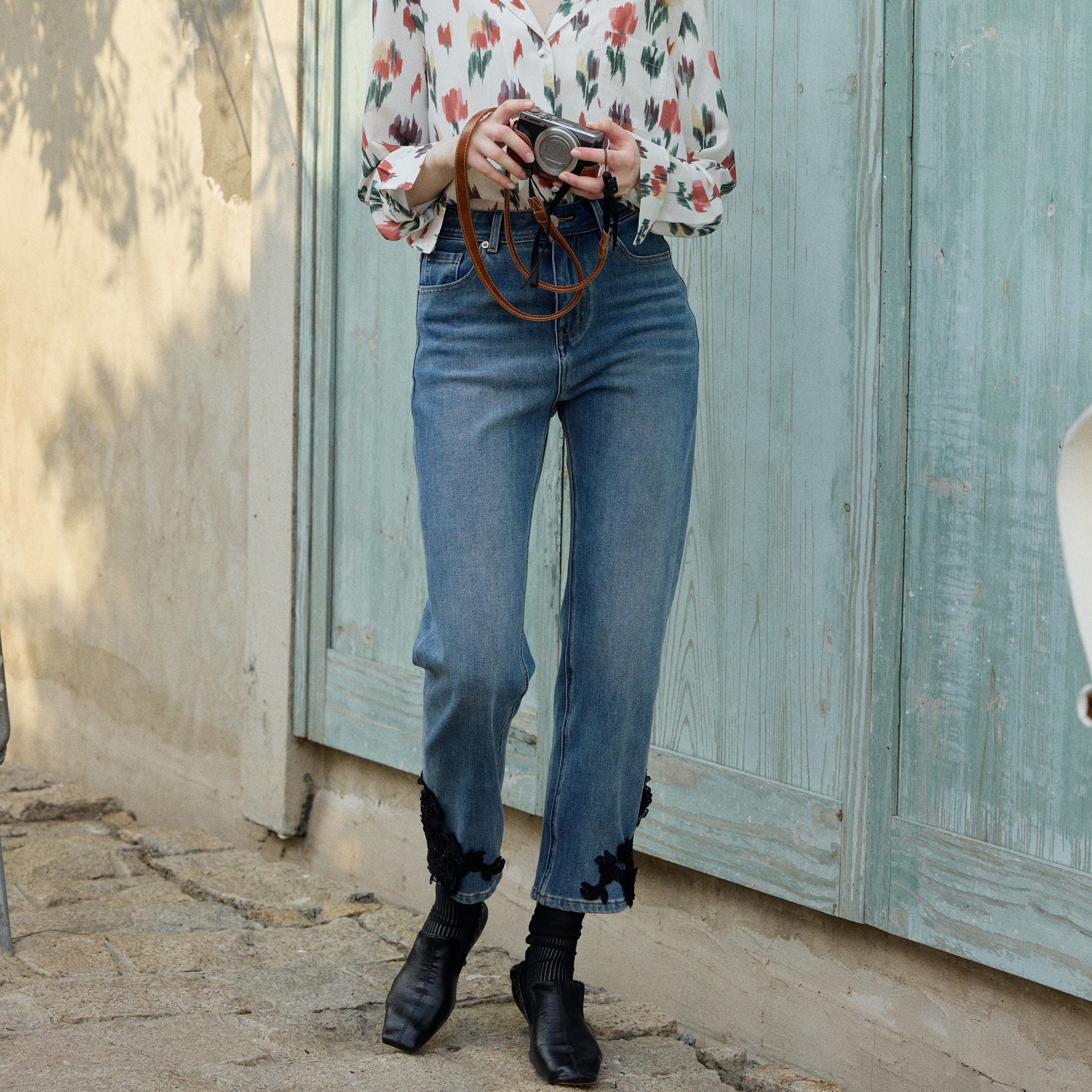 星山袋法式牛仔裤直腿裤