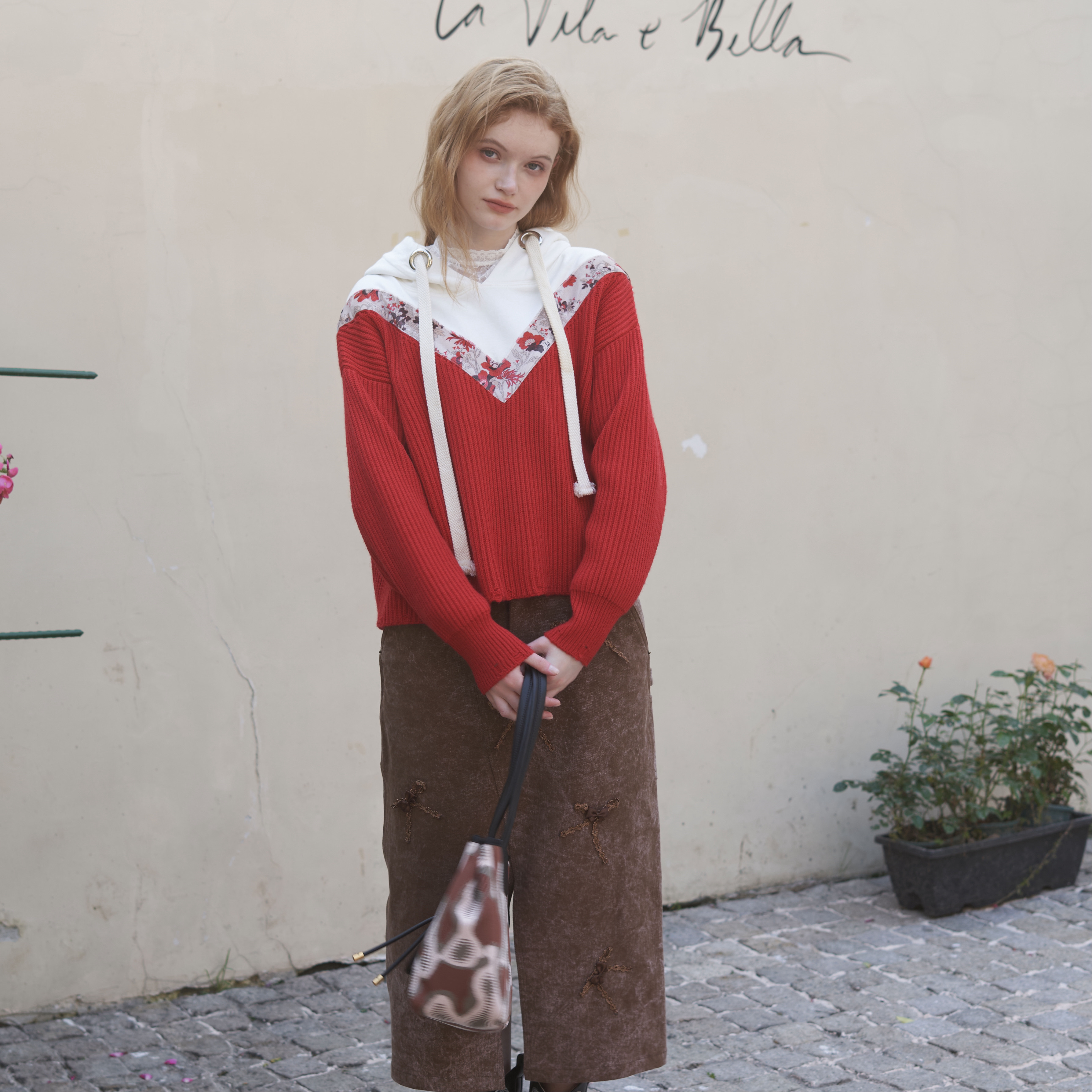 拼接套头连帽针织毛衣法式复古