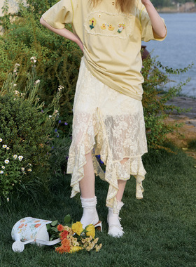 星山袋 穿四季！鹅黄色蕾丝半身裙 不规则蕾丝开叉叠穿屁帘半裙