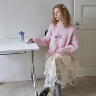 星山袋 原创轻奢羊驼毛樱花粉毛衣 法式花卉圆领超柔软甜美温柔风