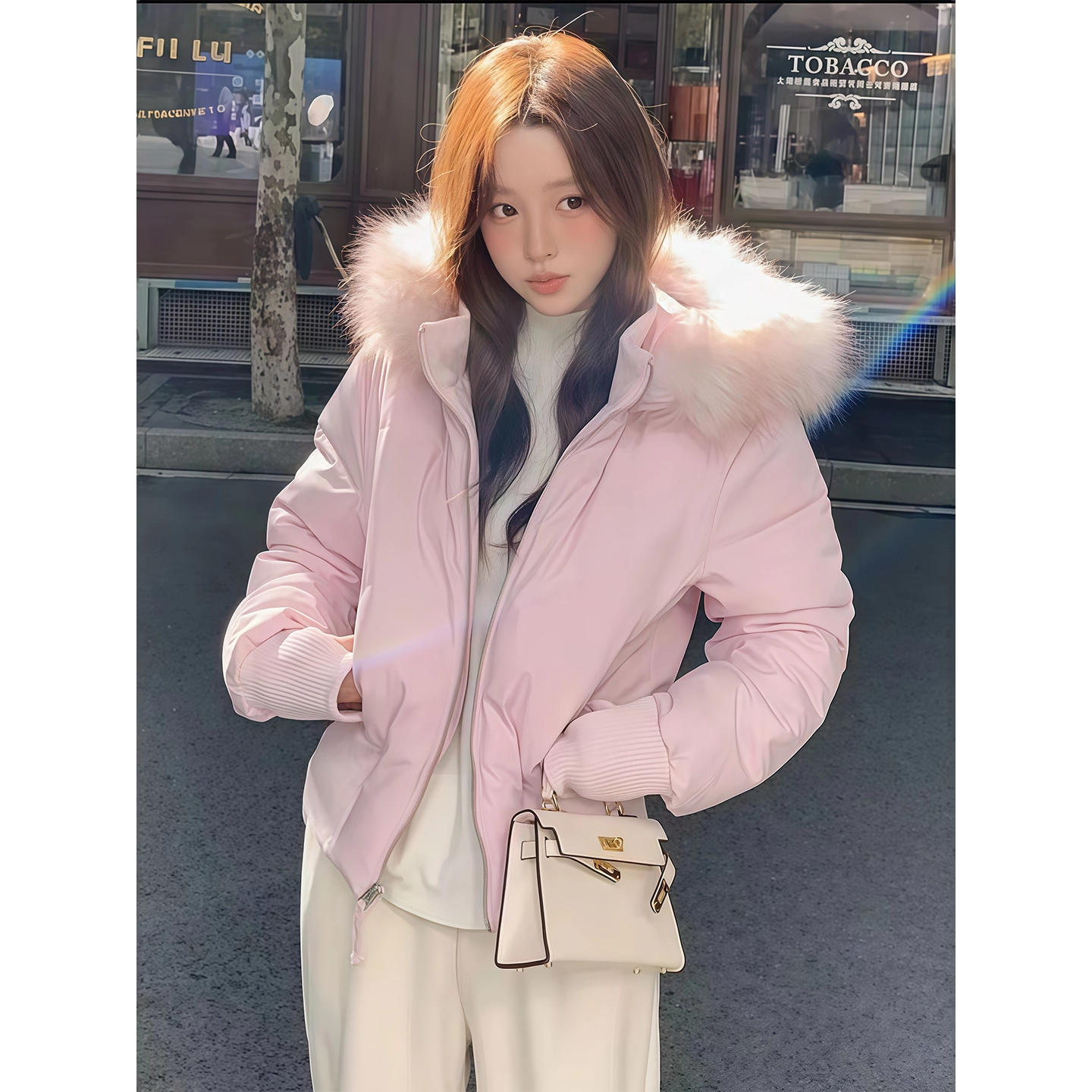 小海鸥收腰短款大毛领冬季新款粉色羽绒服女2025巨好看的冬装外套