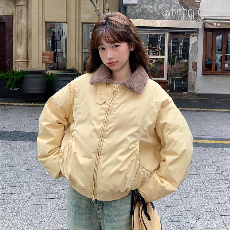 棉服女短款翻领2025冬季新款纯色时尚羽绒棉衣轻薄棉袄外贸直播