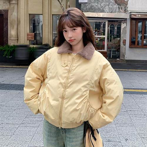 棉服女短款翻领2025冬季新款纯色时尚羽绒棉衣轻薄棉袄外贸直播