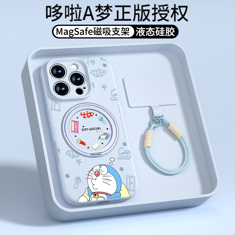 哆啦A梦适用苹果16promax手机壳磁吸新款iPhone16pro液态硅胶带支架plus保护套15手挂绳外壳14高级男女ip卡通