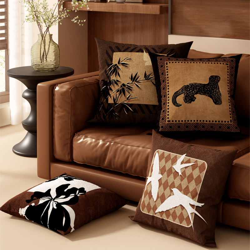 中古风抱枕客厅沙发高级感棕色复古腰靠枕方形组合床上靠垫可拆洗