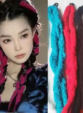 毛绒减龄发绳少女弹力拳击辫增发量双色发绳甜美发饰尾部毛球装饰