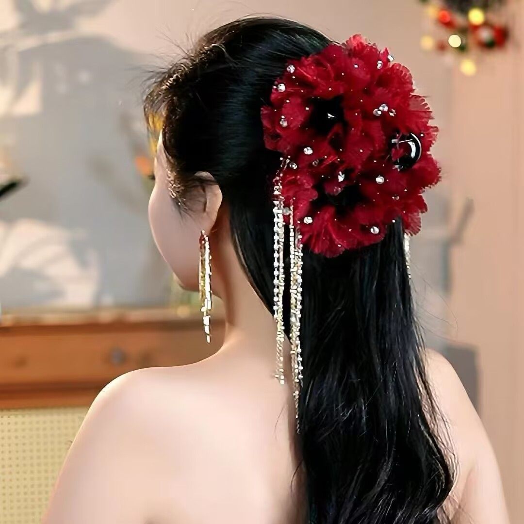 抓夹高级感冬低花朵羽毛抓夹女蝴蝶流苏发夹大号鲨鱼夹子头花头饰