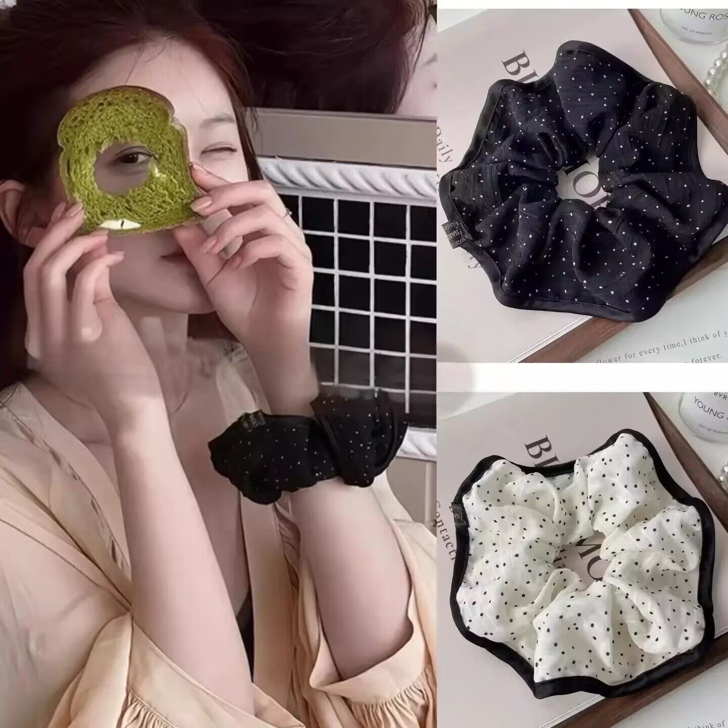 赵露丝同款繁星波点大肠发圈发圈女高级赶温柔布艺荷叶边发圈头饰