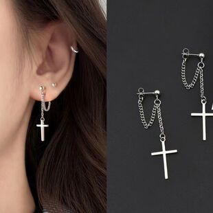 S925纯银十字架耳钉男轻奢高级感冷淡风耳环女气质耳坠养耳洞耳饰