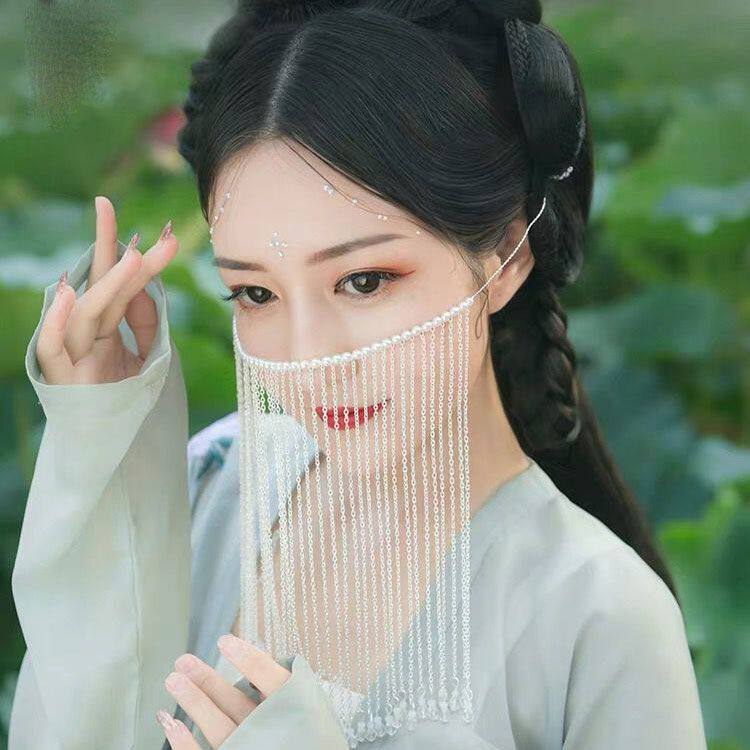 面帘古风遮脸面纱流苏挂耳汉服古装头饰遮面全套饰品超仙气配饰品