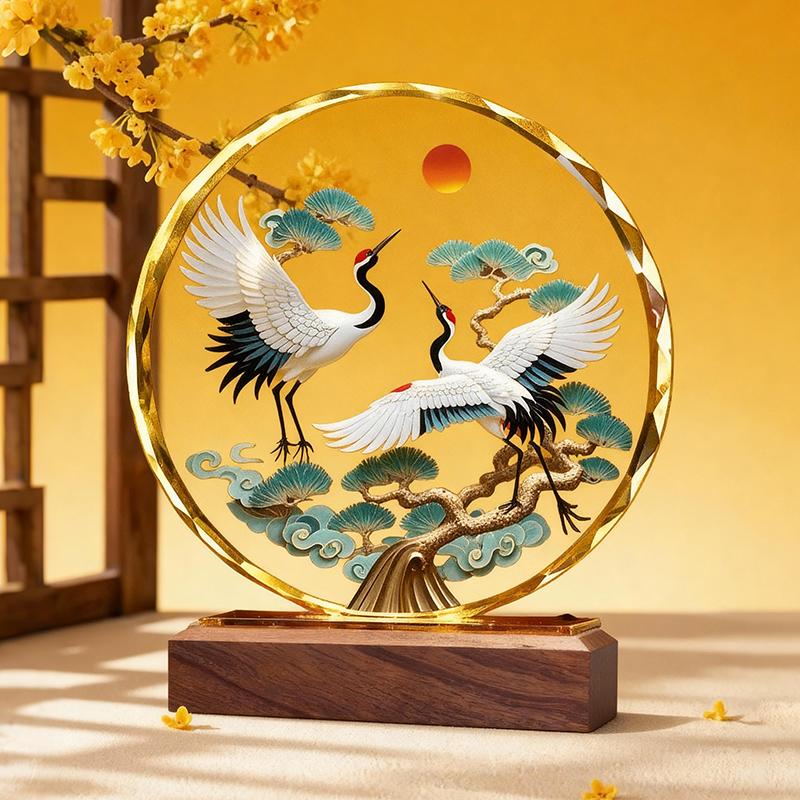 松鹤延年仙鹤画水晶摆件桌面客厅玄关装饰品送长辈祝寿礼定制摆台